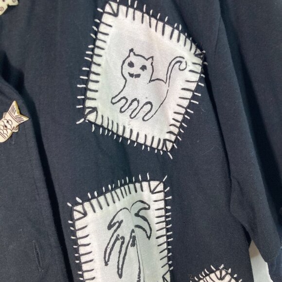 Womens Country Wear Button Front Patch Top Cats Fish Tree M NWT Cotton Linen Ble - Picture 7 of 13